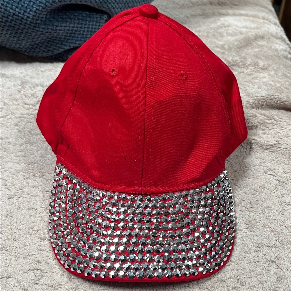 Red Cap with Rhinestone Brim